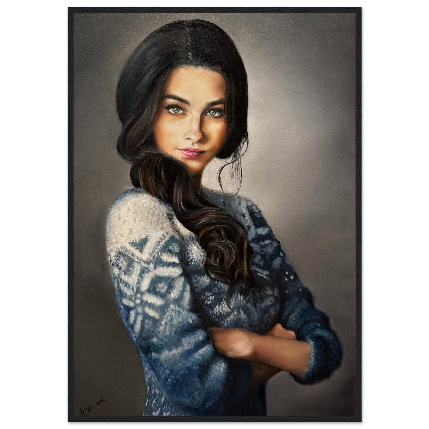 'Blue Sweater' - Museum-Quality Matte Paper on Black Wooden Frame